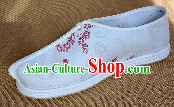 Traditional Chinese Printing Goldfish White Shoes Handmade Multi Layered Cloth Shoes Martial Arts Shoes for Men