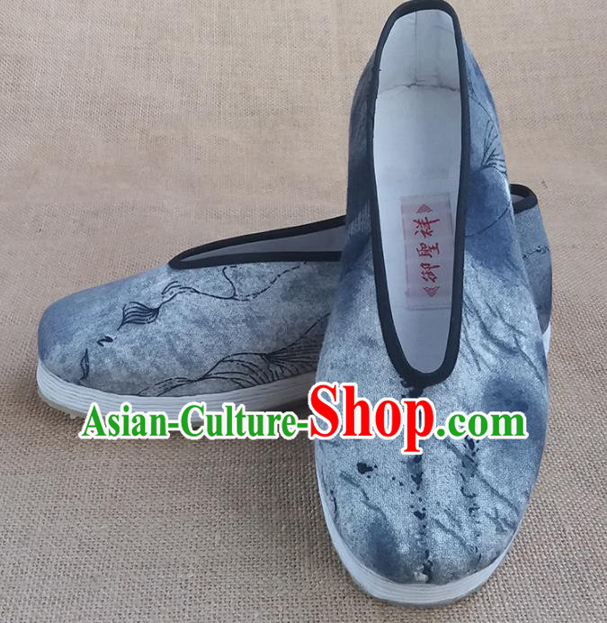 Traditional Chinese Printing Grey Shoes Handmade Multi Layered Cloth Shoes Martial Arts Shoes for Men