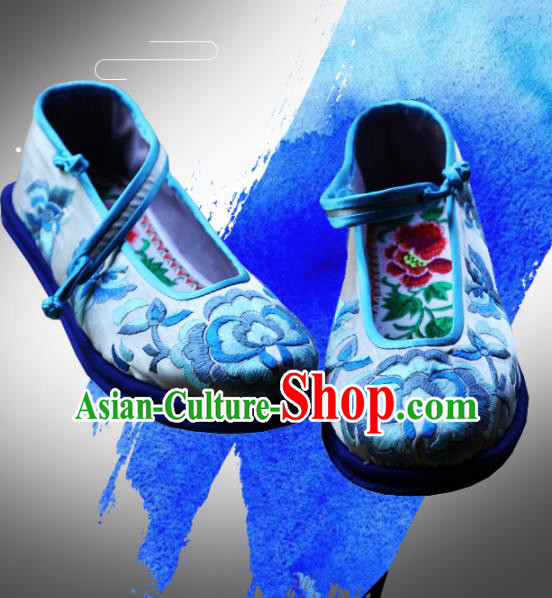 Traditional Chinese Blue Embroidered Shoes Handmade Hanfu Shoes Ancient Princess Shoes for Women