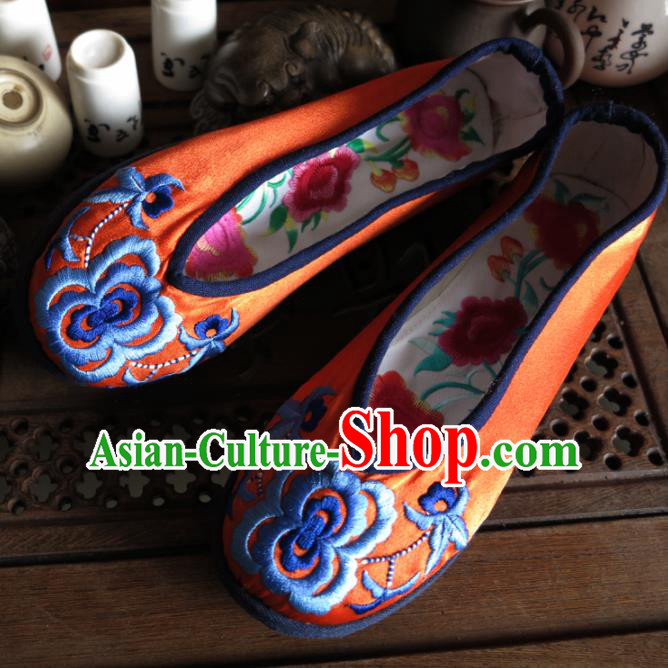 Traditional Chinese Orange Embroidered Shoes Handmade Hanfu Shoes Ancient Princess Shoes for Women