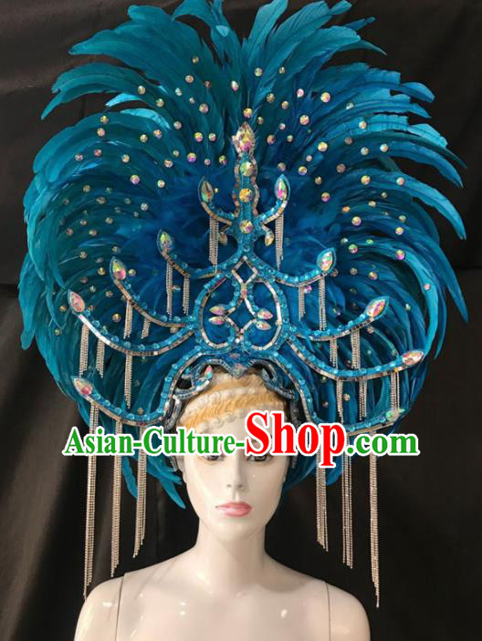 Customized Halloween Carnival Blue Feather Giant Hair Accessories Brazil Parade Samba Dance Headpiece for Women