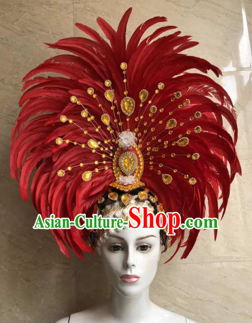 Customized Halloween Cosplay Red Feather Hair Accessories Brazil Parade Samba Dance Giant Headpiece for Women