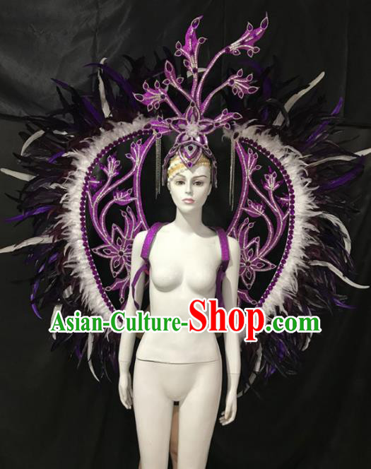 Customized Halloween Samba Dance Purple Feather Props Brazil Parade Wings Backboard and Headpiece for Women