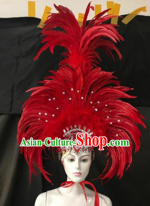 Customized Halloween Carnival Stage Show Red Feather Giant Hair Accessories Brazil Parade Samba Dance Headpiece for Women