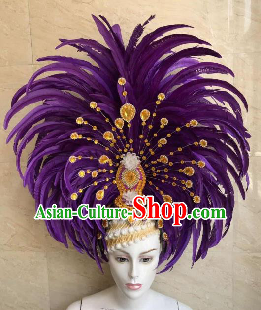 Customized Halloween Cosplay Purple Feather Hair Accessories Brazil Parade Samba Dance Giant Headpiece for Women