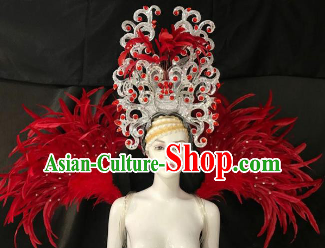 Customized Halloween Samba Dance Red Feather Props Brazil Parade Wings Backboard and Headpiece for Women