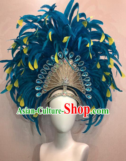 Customized Halloween Cosplay Peacock Blue Feather Hair Accessories Brazil Parade Samba Dance Giant Headpiece for Women