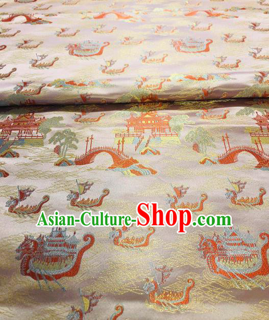 Asian Chinese Traditional Dragon Boat Pattern Design Champagne Brocade Fabric Cheongsam Silk Material
