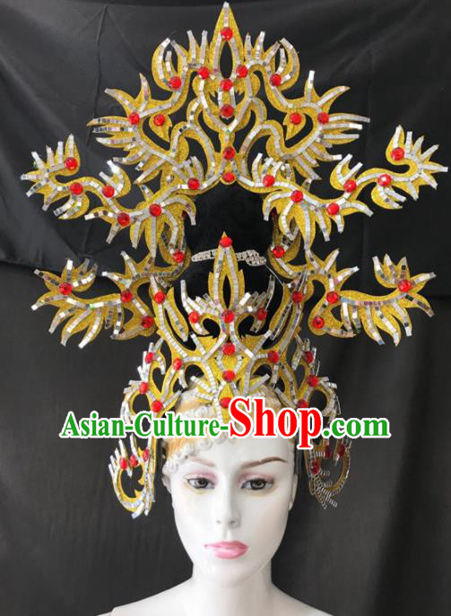 Customized Halloween Cosplay Golden Hair Accessories Brazil Parade Samba Dance Giant Headpiece for Women