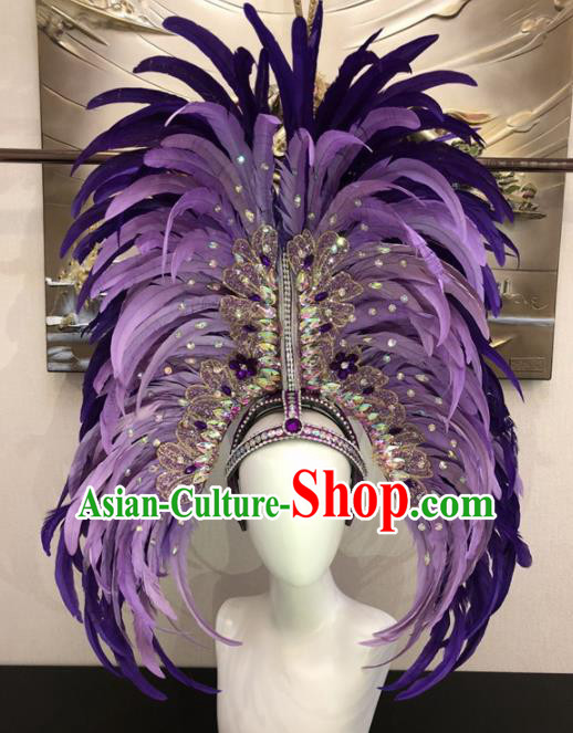 Customized Halloween Carnival Purple Feather Hair Accessories Brazil Parade Samba Dance Giant Headpiece for Women