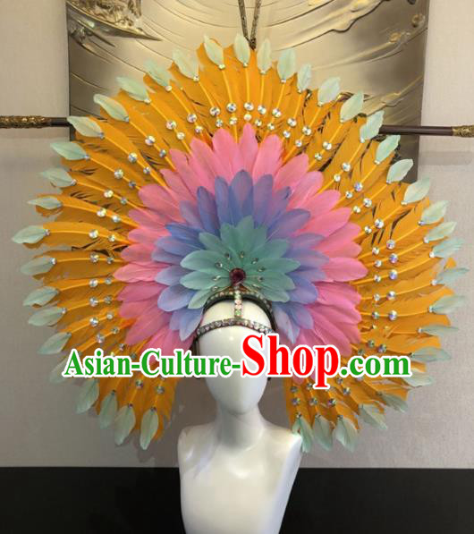 Customized Halloween Carnival Yellow Feather Hair Accessories Brazil Parade Samba Dance Giant Headpiece for Women