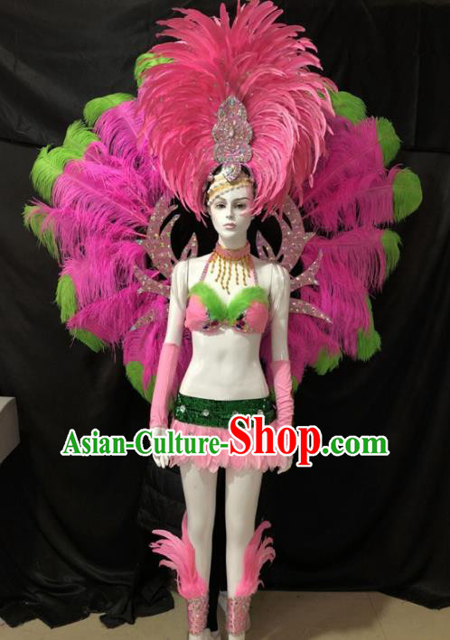 Customized Halloween Samba Dance Costumes Brazil Parade Rosy Feather Wings Backboard and Headpiece for Women