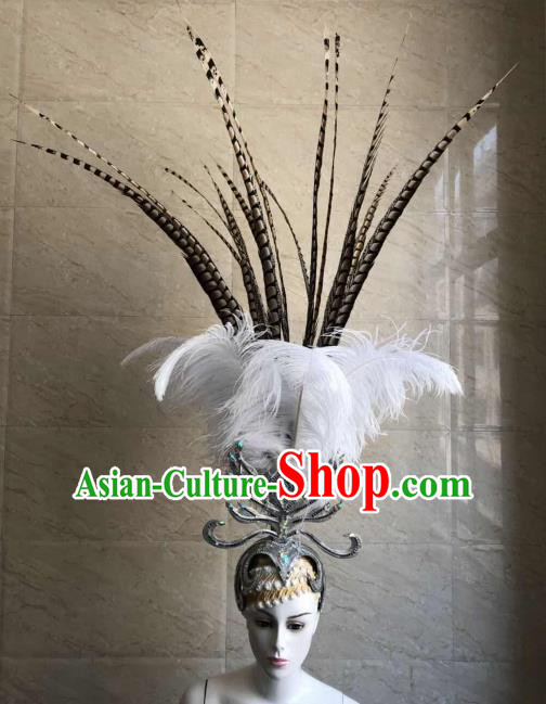 Customized Halloween Carnival White Feather Hair Accessories Brazil Parade Samba Dance Giant Headpiece for Women