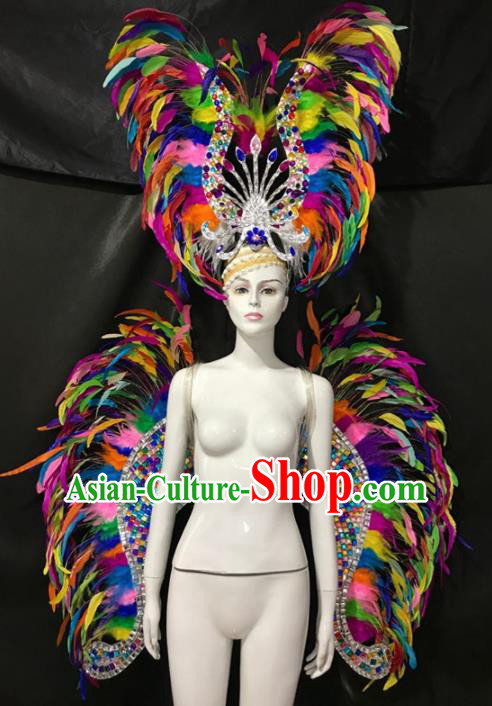 Customized Halloween Samba Dance Prop Brazil Parade Colorful Feather Wings Backboard and Headpiece for Women
