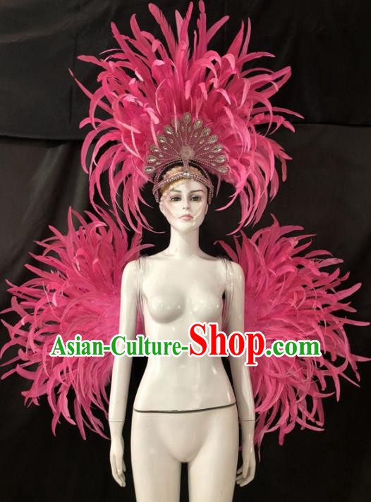 Customized Halloween Samba Dance Pink Feather Props Brazil Parade Backboard and Giant Headpiece for Women