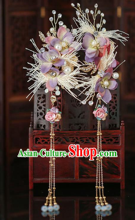 Top Chinese Traditional Purple Flowers Tassel Hair Claws Handmade Hanfu Hairpins Hair Accessories for Women