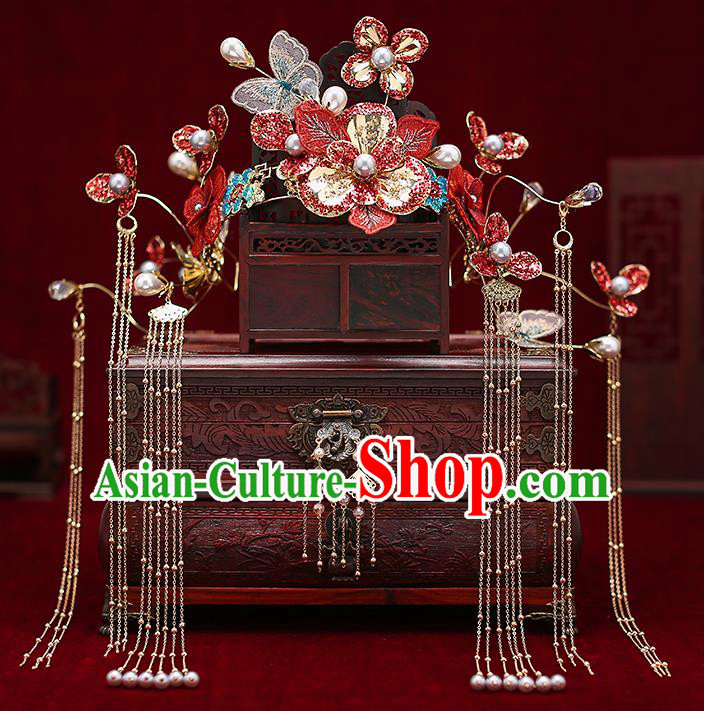 Top Chinese Traditional Red Flowers Phoenix Coronet Wedding Bride Handmade Hairpins Hair Accessories Complete Set