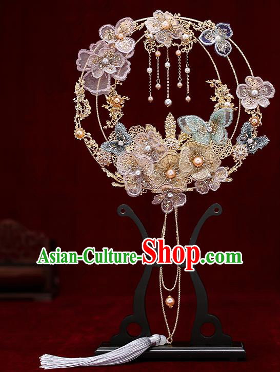 Chinese Traditional Wedding Prop Lace Flowers Palace Fans Ancient Bride Round Fan for Women