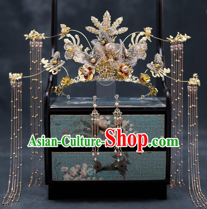 Top Chinese Traditional Golden Tassel Phoenix Coronet Wedding Bride Handmade Hairpins Hair Accessories Complete Set