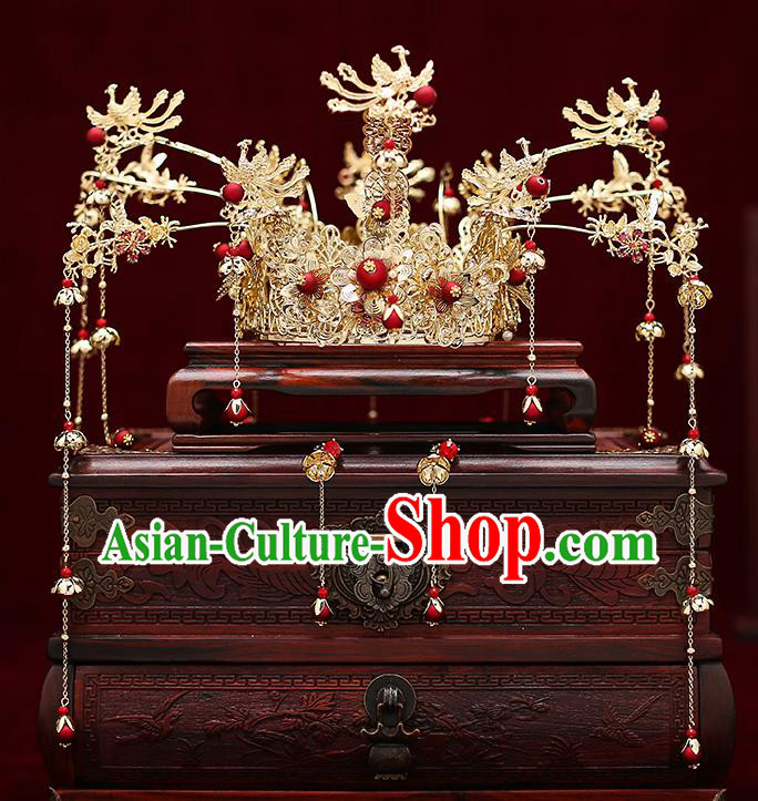 Top Chinese Traditional Red Beads Tassel Phoenix Coronet Wedding Bride Handmade Hairpins Hair Accessories Complete Set