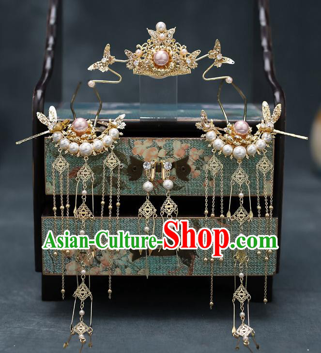 Top Chinese Traditional Golden Hair Comb Wedding Bride Handmade Hairpins Hair Accessories Complete Set