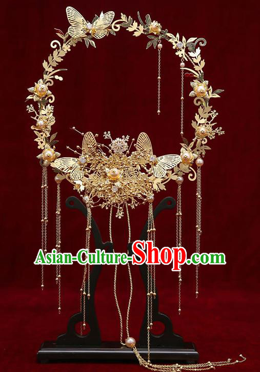 Chinese Traditional Wedding Golden Butterfly Fan Ancient Bride Palace Fans for Women