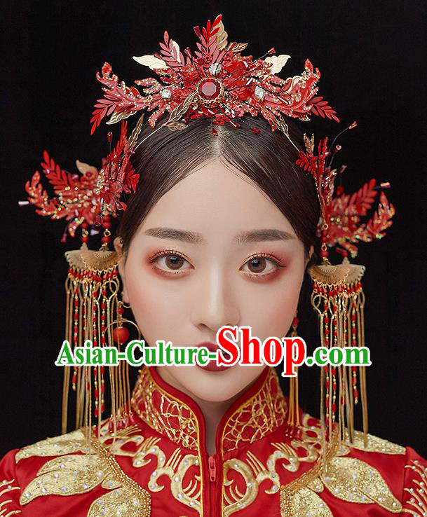 Top Chinese Traditional Red Phoenix Coronet Wedding Bride Handmade Hairpins Hair Accessories Complete Set