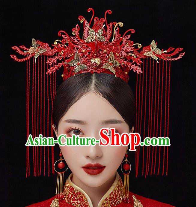 Top Chinese Traditional Red Tassel Phoenix Coronet Wedding Bride Handmade Hairpins Hair Accessories Complete Set