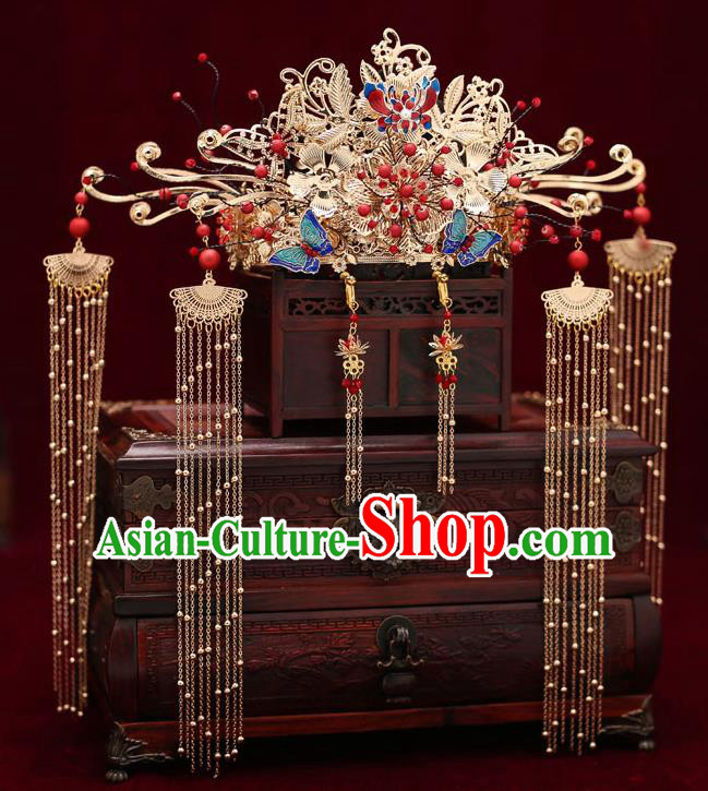 Top Chinese Traditional Blueing Butterfly Phoenix Coronet Wedding Bride Handmade Hairpins Hair Accessories Complete Set