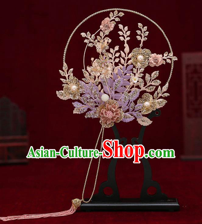 Chinese Traditional Wedding Prop Purple Leaf Palace Fans Ancient Bride Round Fan for Women