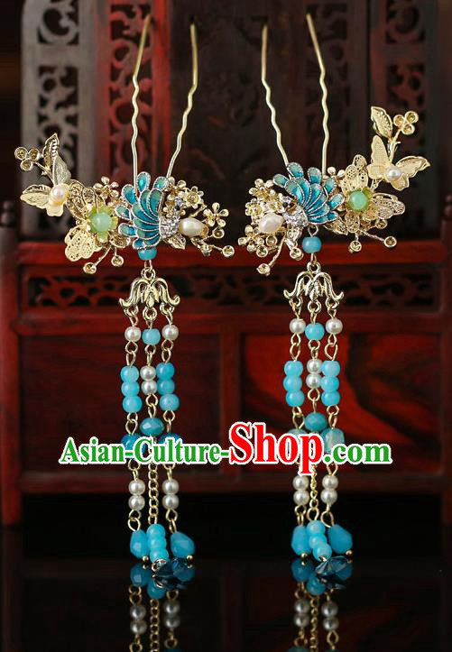 Top Chinese Traditional Blue Beads Tassel Hair Clip Handmade Hanfu Hairpins Hair Accessories for Women