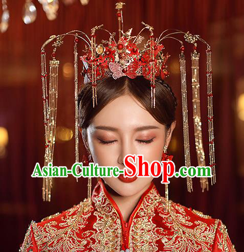 Top Chinese Traditional Bride Red Butterfly Hair Crown Handmade Wedding Tassel Hairpins Hair Accessories Complete Set