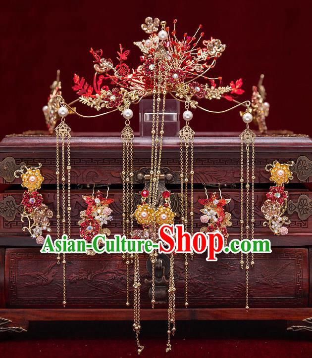 Top Chinese Traditional Bride Red Flowers Hair Crown Handmade Wedding Tassel Hairpins Hair Accessories Complete Set