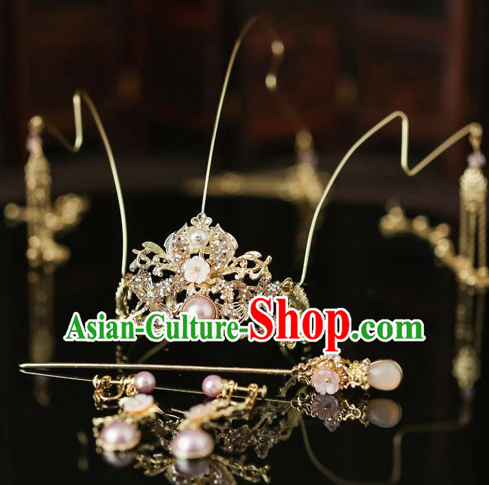 Top Chinese Traditional Bride Golden Dragonfly Hair Crown Handmade Wedding Tassel Hairpins Hair Accessories Complete Set