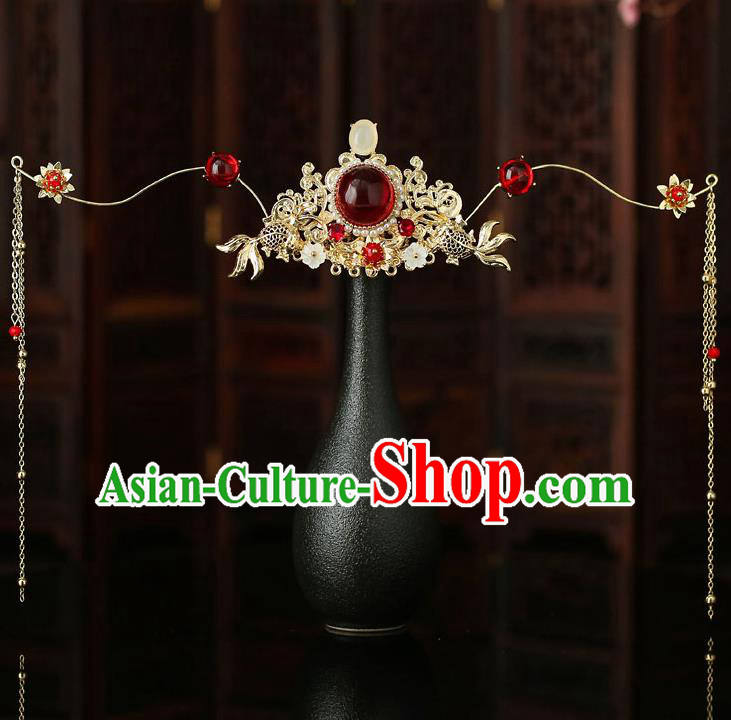 Top Chinese Traditional Bride Garnet Hair Crown Handmade Wedding Tassel Hairpins Hair Accessories Complete Set