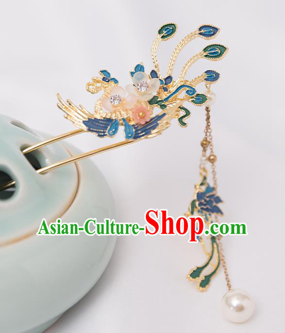 Top Chinese Traditional Blue Phoenix Hair Clip Handmade Hanfu Tassel Hairpins Hair Accessories for Women