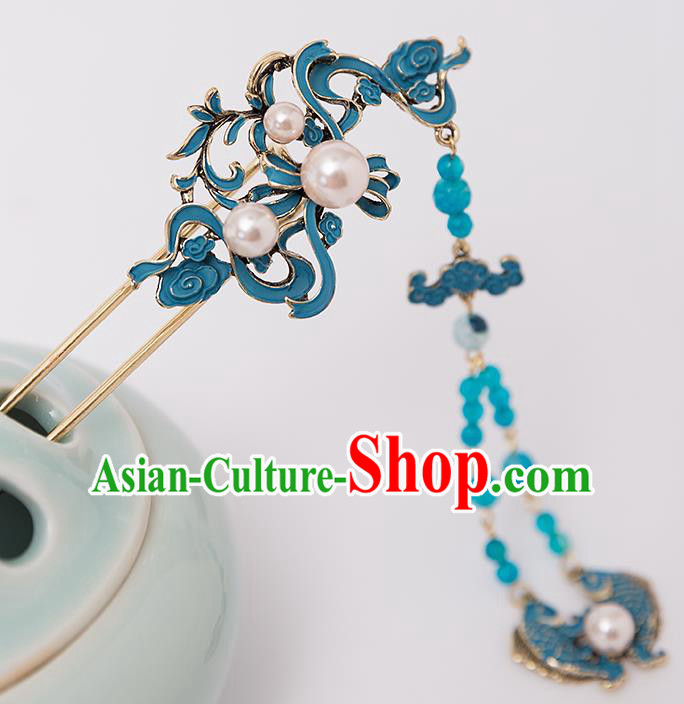 Top Chinese Traditional Blue Fishes Hair Clip Handmade Hanfu Tassel Hairpins Hair Accessories for Women