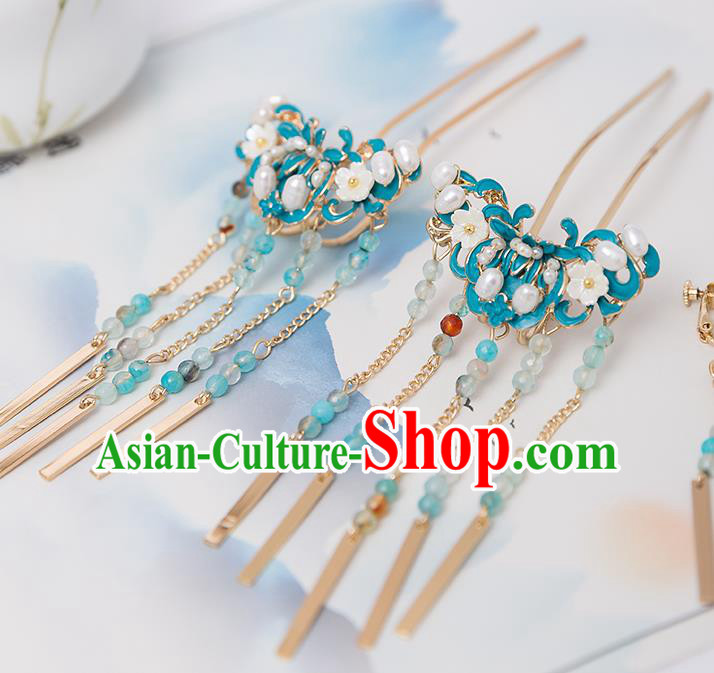 Top Chinese Traditional Pearls Blue Hair Clip Handmade Hanfu Hairpins Hair Accessories for Women