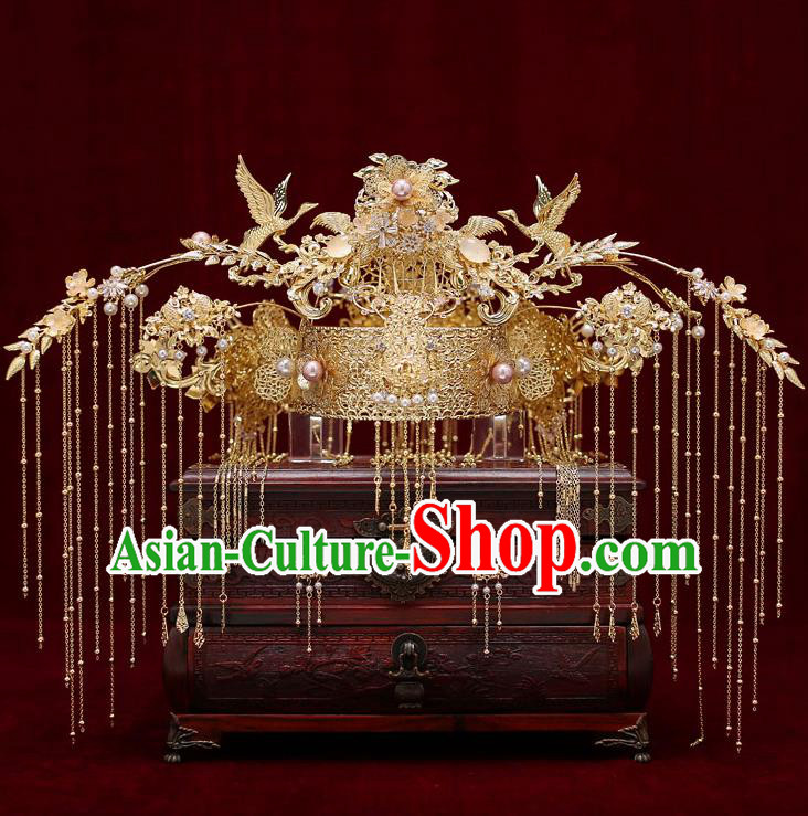 Top Chinese Traditional Bride Golden Crane Tassel Phoenix Coronet Handmade Wedding Tassel Hairpins Hair Accessories Complete Set