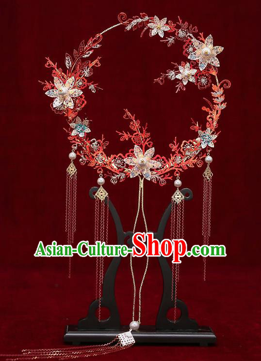 Chinese Traditional Wedding Red Branch Round Fan Ancient Bride Palace Fans for Women