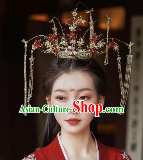 Top Chinese Traditional Bride Red Stars Phoenix Coronet Handmade Wedding Tassel Hairpins Hair Accessories Complete Set