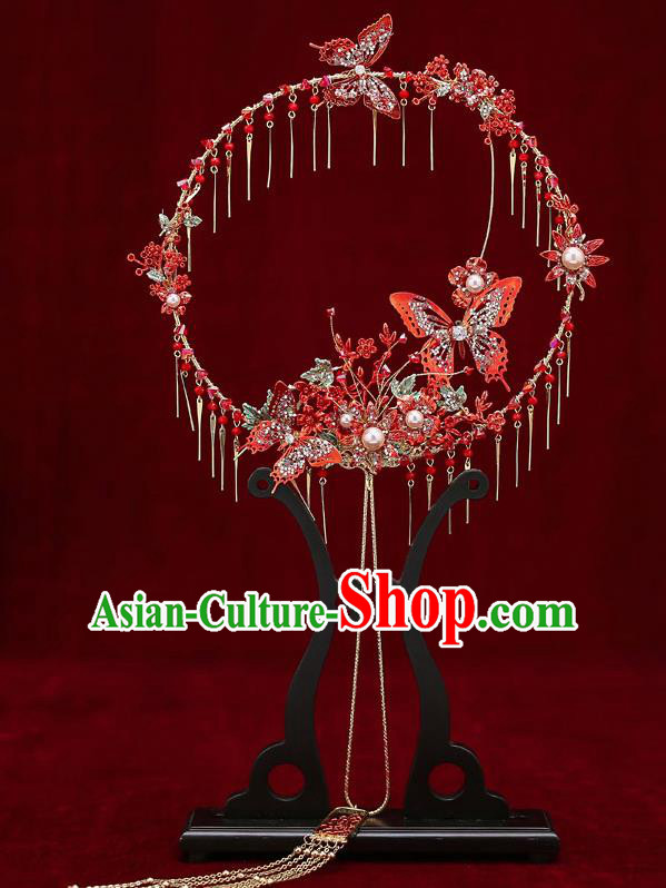 Chinese Traditional Wedding Red Butterfly Round Fan Ancient Bride Palace Fans for Women