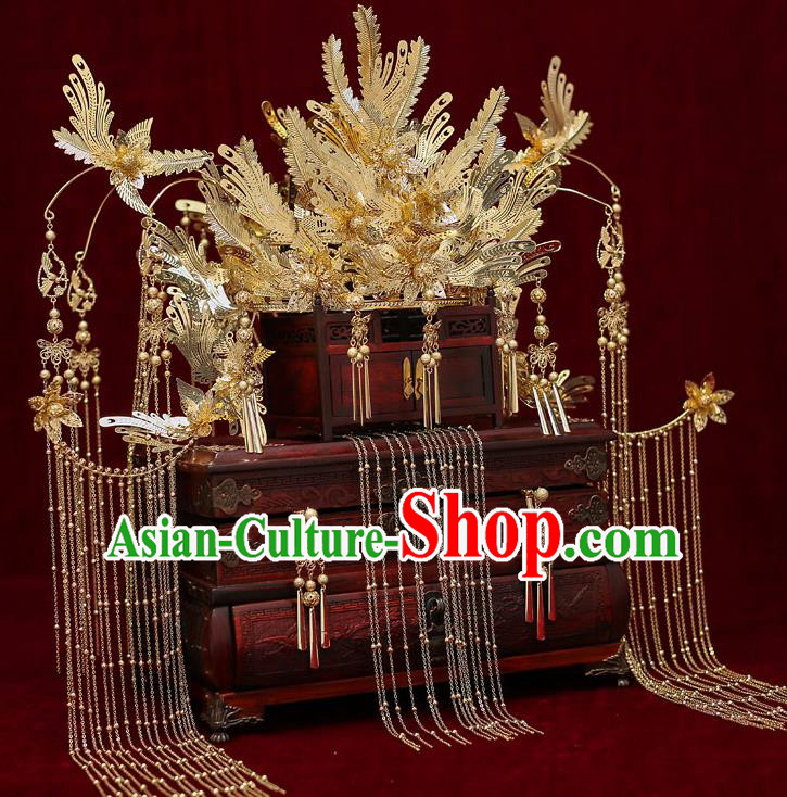Top Chinese Traditional Court Bride Golden Tassel Phoenix Coronet Handmade Wedding Tassel Hairpins Hair Accessories Complete Set