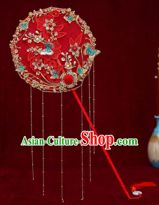 Chinese Traditional Wedding Long Handle Red Round Fan Ancient Bride Palace Fans for Women