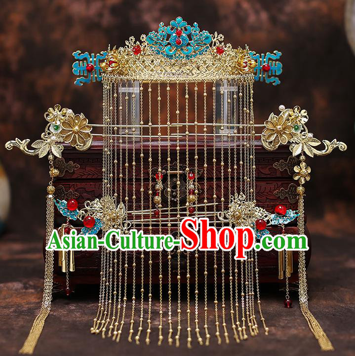 Top Chinese Traditional Court Bride Cloisonne Phoenix Coronet Handmade Wedding Tassel Hairpins Hair Accessories Complete Set