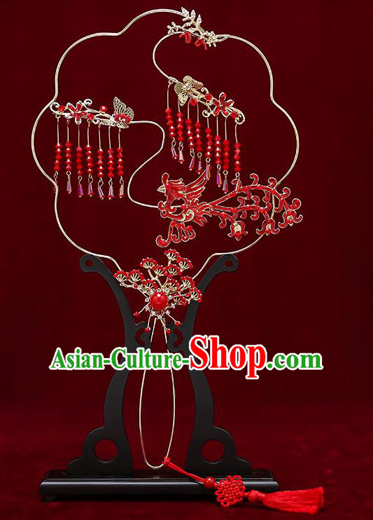 Chinese Traditional Wedding Red Pine Tassel Round Fan Ancient Bride Palace Fans for Women