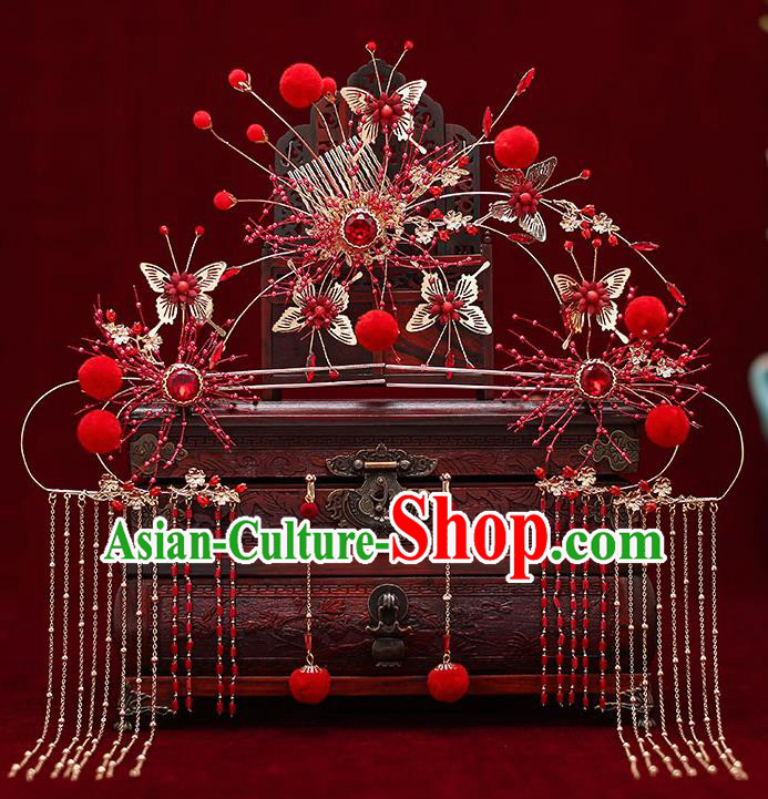 Top Chinese Traditional Bride Red Crystal Hair Comb Handmade Wedding Tassel Hairpins Hair Accessories Complete Set