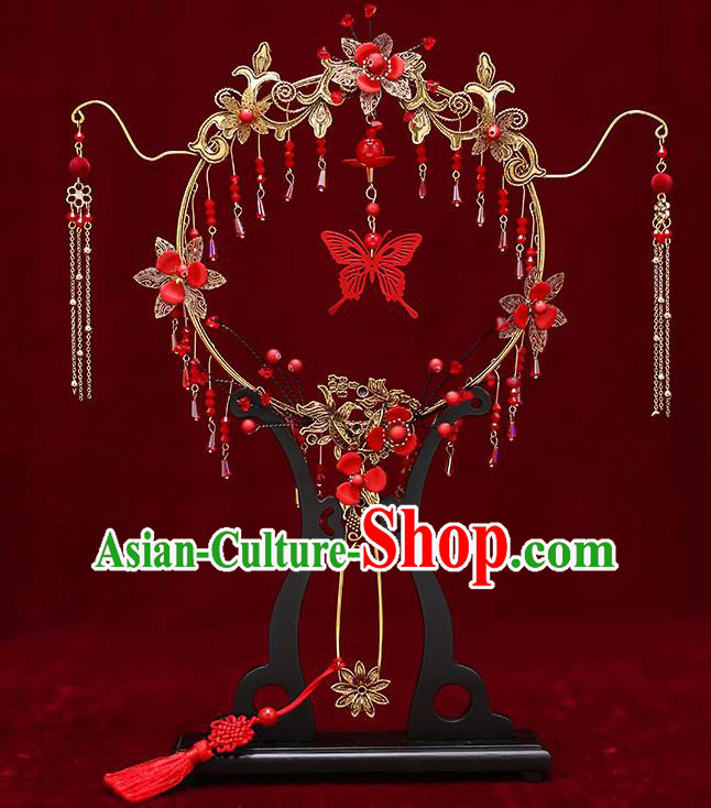 Chinese Traditional Wedding Red Butterfly Tassel Round Fan Ancient Bride Palace Fans for Women