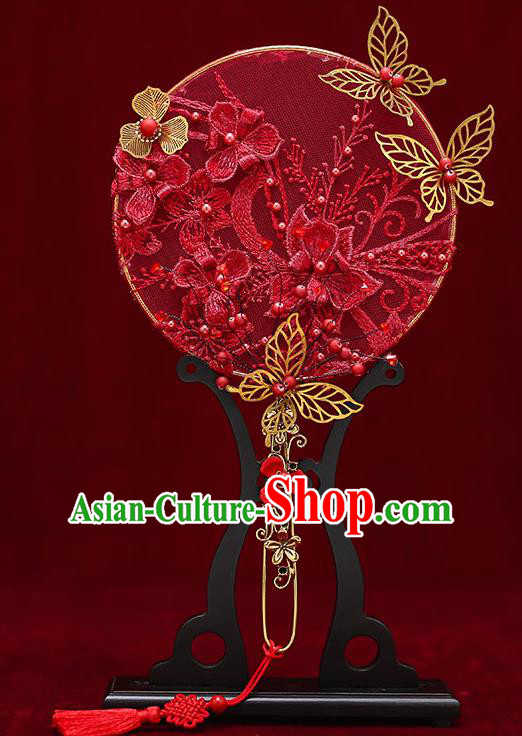 Chinese Traditional Wedding Red Lace Flowers Round Fan Ancient Bride Palace Fans for Women
