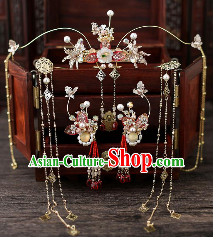 Top Chinese Traditional Bride Tassel Hair Crown Handmade Hairpins Wedding Hair Accessories Complete Set